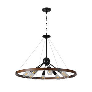 Expédié depuis les États-Unis, lustre industriel rustique de 32 pouces, luminaire suspendu de style ferme à 8 lumières avec finition en métal et en bois (sans ampoule) - Product Image 1