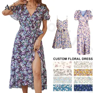 Personalizado OEM 2024 último diseño de verano más vendido de manga corta Midi vestido de las mujeres elegante Casual Floral Maxi estampado ropa vestidos