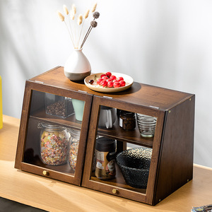 Solid Wood Desktop <b>Sideboard</b> Cabinet With Glass Doors <b>Kitchen</b> Storage Organizer <b>For</b> Countertop Use - Product Image 1