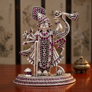 Vibrante Ídolo de Shrinathji en Piedra Rosa Púrpura con Detalles Oxidados en Plata de Ley, Estatua Religiosa de Plata Pura para Decoración del Hogar o Templo - Product Image 4