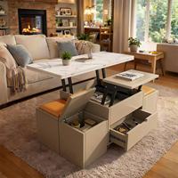 Table basse moderne de luxe multifonctionnelle, relevable et pliable, avec rangement et tabourets pour salon