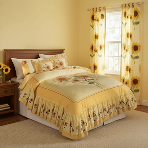 Copripiumino doppio con motivo girasoli, tende e 2 cuscini, ricamato, biancheria da letto tradizionale, decorazione per la casa, per tutte le stagioni - Product Image 2