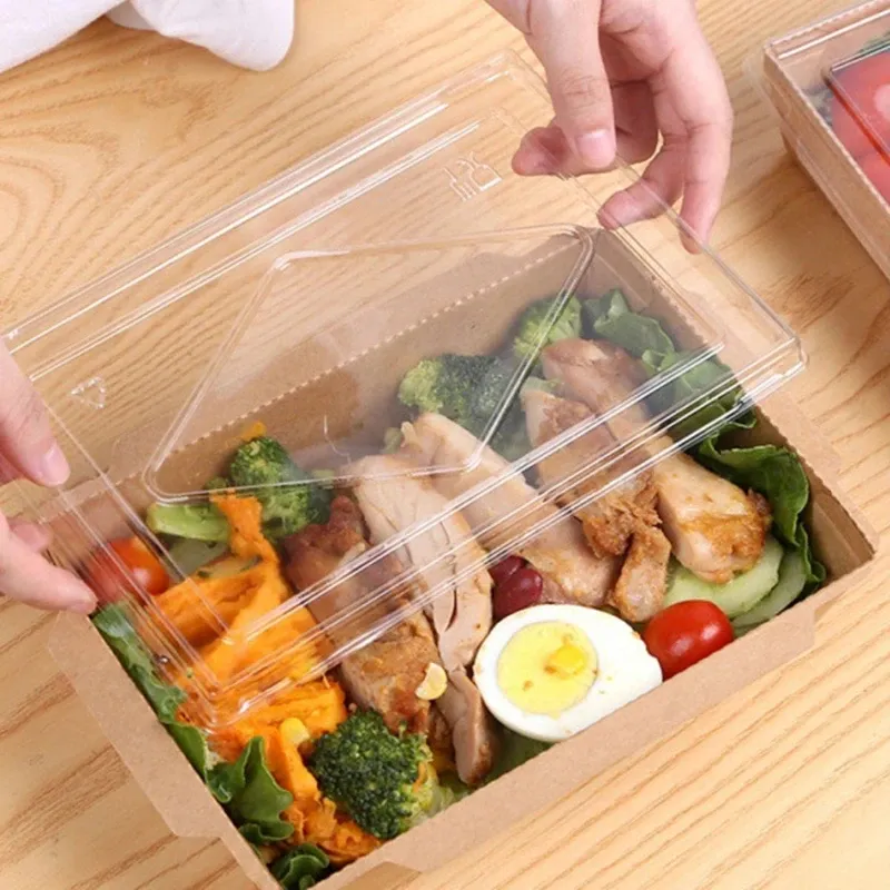 Bandeja de papel para comida, com tampa, com proteção para micro-ondas, papel Kraft marrom, bandeja descartável para refeições, ecológica, segura para levar alimentos