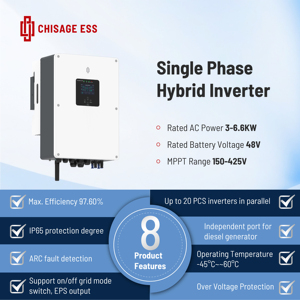 Onduleur hybride solaire Chisage ESS 6kW 48V Protection IP65 Monophasé Compatibilité Li-Ion/LiFePO4 Efficacité 97,6% pour l'énergie solaire - Product Image 2