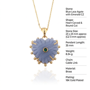 Collar con Colgante de Corazón de Ágata Azul Tallado con Incrustaciones de Esmeralda CZ, Cadena de Latón con Cuentas y Baño de Oro de 18k para Mujer - Product Image 1