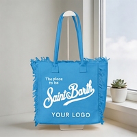 Sac fourre-tout en toile beige robuste avec impression de logo personnalisé et bordure effilochée, sac de plage pour les voyages d'été