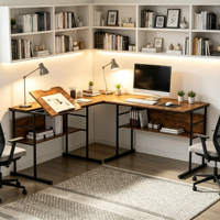 Bureau d'ordinateur moderne en acier en forme de L, grand bureau double, table de travail portable pour usage commercial, table à dessin simple et élégante