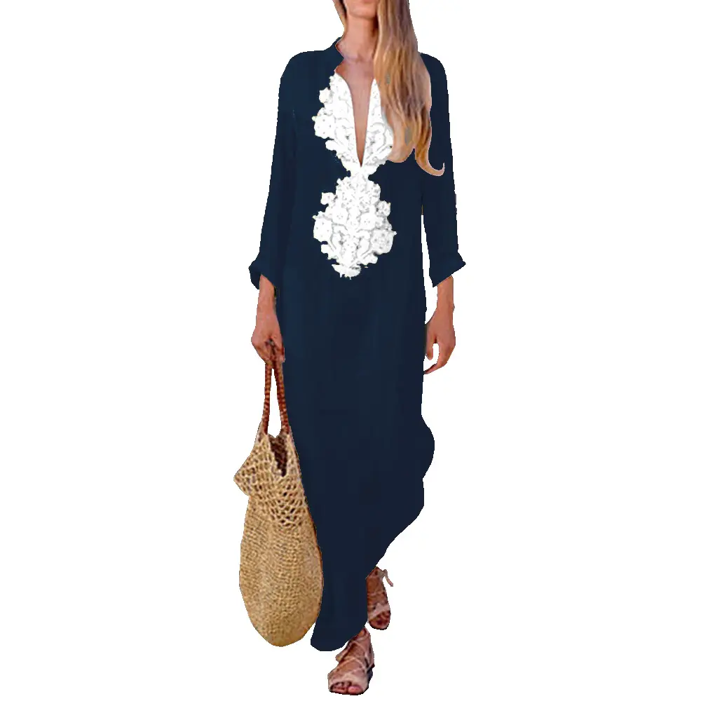 Ebay Hot Sale V-neck Loose Long Sleeve Cotton & Linen Print Women's Autumn & Winter Dress