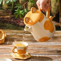 Service à thé en céramique personnalisable sur le thème du chat avec théière à oreilles de chat, soucoupes à empreintes de pattes et tasses à motif de chat, idéal pour la maison et les cafés