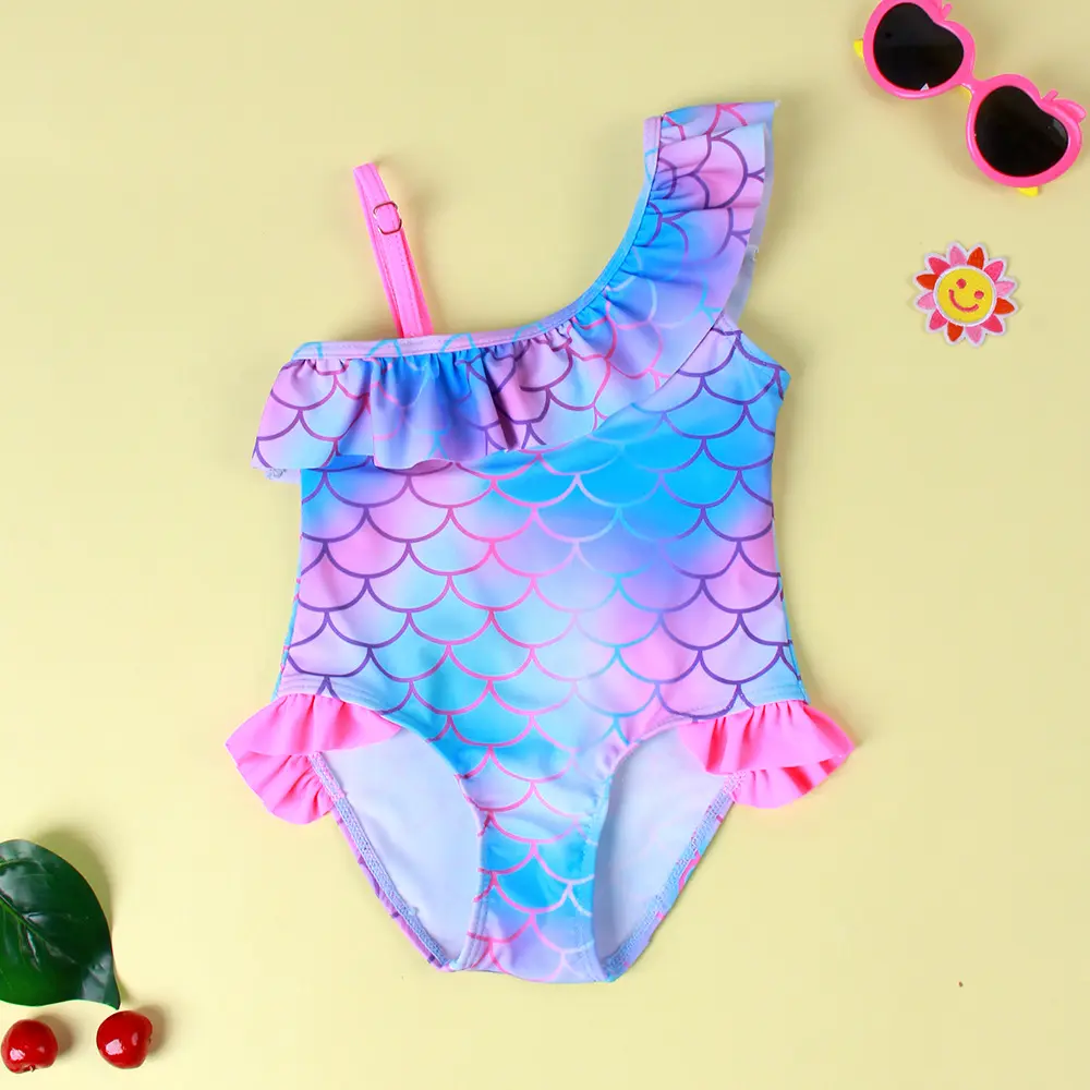 Traje de baño para niñas con dibujos animados de sirena Tie Dye con volantes de un hombro, traje de baño de una pieza, Burkini, trajes de baño musulmanes para niños de 0 a 3 años