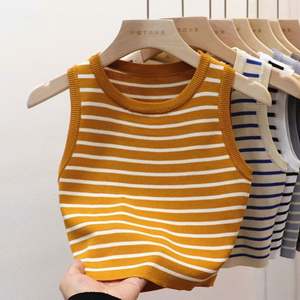 Débardeurs rayés tricotés pour femme, sans manches, coupe courte, élastiques, ajustés, décontractés, style pull, collection Printemps-Été - Product Image 1