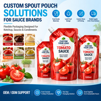 Sachets souples personnalisés imprimés pour ketchup tomate avec bec verseur, plusieurs tailles, refermables, qualité alimentaire, en plastique