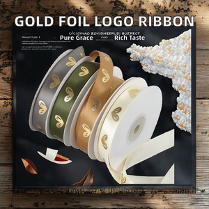 Rubans en satin personnalisés avec motif de cœurs en feuille d'or pour emballage cadeau, largeur 38 mm, ruban décoratif simple face en rouleau - Product Image 2