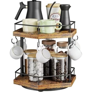 Wooden And Wrought Iron <b>Spice</b> <b>Rack</b> Double Layer <b>Rotating</b> Storage Tray Rustic Kitchen Organizer - Product Image 2