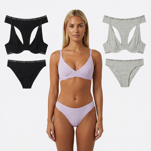 Ensemble de lingerie femme tendance, patchwork uni, sexy, string et soutien-gorge, string pour femme avec motif de lettres - Product Image 1