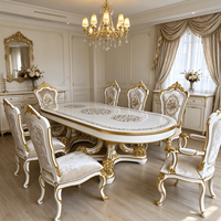 Ensemble de table à manger ovale classique européenne, blanc et or, meubles de salle à manger sculptés, chaises rembourrées pour la maison et la villa