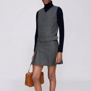 Robe en laine sans manches pour femme, style aristocratique, vintage, droite, mini, à la française, avec étiquette personnalisée de marque, collection Printemps - Product Image 1