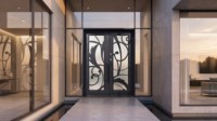 Porte d'entrée double en fer forgé LINCAI, motif feuillage artistique de luxe |   Porte d'entrée de villa moderne forgée à la main, grande, avec isolation thermique