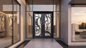 Puerta Doble <span class=keywords><strong>de</strong></span> Entrada <span class=keywords><strong>de</strong></span> Hierro Forjado con Follaje Artístico <span class=keywords><strong>de</strong></span> Lujo LINCAI |   Puerta Principal <span class=keywords><strong>de</strong></span> Villa Moderna Forjada a Mano con Paneles <span class=keywords><strong>de</strong></span> Vidrio Grandes - Product Image 2