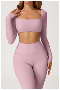 Fabrika özel toptan kadınlar spor salonu giyim egzersiz seti tayt kırpma üst 2 parça dikişsiz uzun kollu spor Yoga sutyen seti - Product Image 2