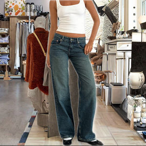 Pantalones de mezclilla decorados con botones de cintura alta de estilo Vintage transpirables de moda diseño de pierna ancha recto suelto elegante lindo - Product Image 3