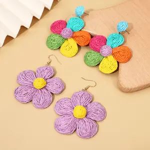 2024 Trendy Summer Beach Woven Handmade Earrings Lafite Colors Large Flower Vacation Raffia Woven Drop Earring For Women