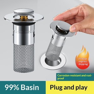 Bonde de lavabo universelle escamotable avec filtre à cheveux en acier inoxydable, à ressort, anti-odeur, design moderne - Product Image 1