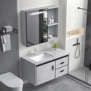 Armoire <span class=keywords><strong>de</strong></span> <span class=keywords><strong>salle</strong></span> <span class=keywords><strong>de</strong></span> <span class=keywords><strong>bain</strong></span> murale en aluminium spatial à double tiroir, étanche, avec lavabo en céramique intégré, options <span class=keywords><strong>de</strong></span> largeur multi-tailles - Product Image 2