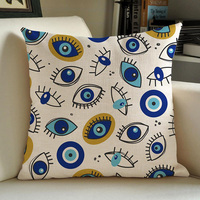 Housse de coussin Evil Eyes en coton et lin bleu imprimé, coussin décoratif turc pour canapé