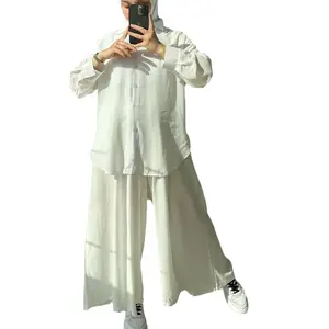 Women's 2-piece Retro Oversize Cotton and Linen Shirt Plus High Waist Slacks Suit for Muslim women