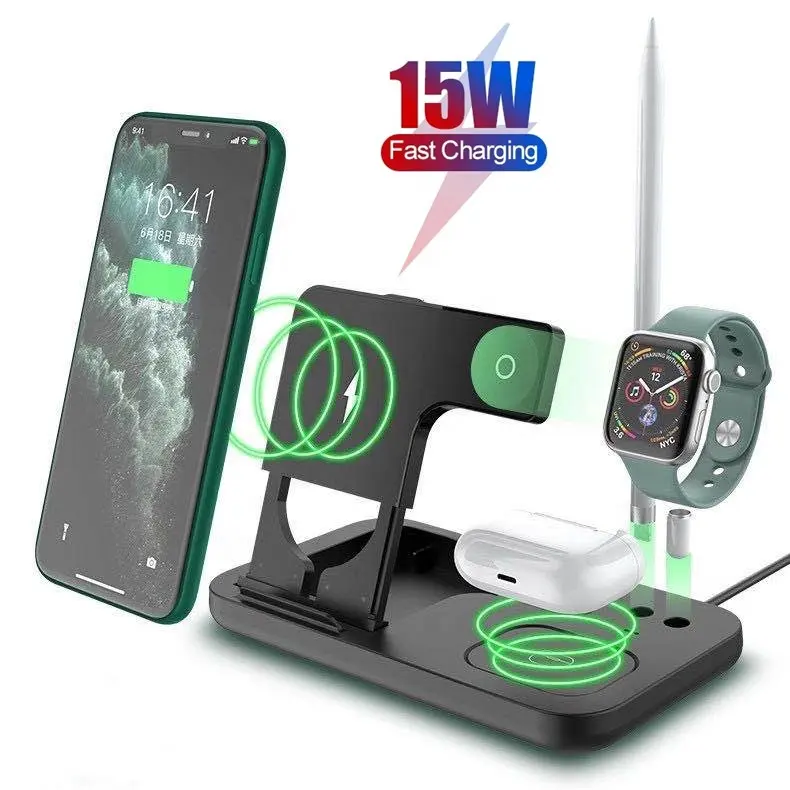 4 in 1 Wireless Charger Dock Multi 15W Qi Fast Charging 3 in 1 Wireless Charger Station for iPhone iWatch 6 5 4 3 Air-Pods 3