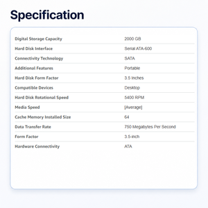 Disco Duro Usado de 2 TB <span class=keywords><strong>WD20PURX</strong></span> 2 TB para Cámara CCTV, Disco Duro para PC de Escritorio - 5400 RPM SATA 6 Gb/s 64 MB de Caché 3.5 Pulgadas - Product Image 2