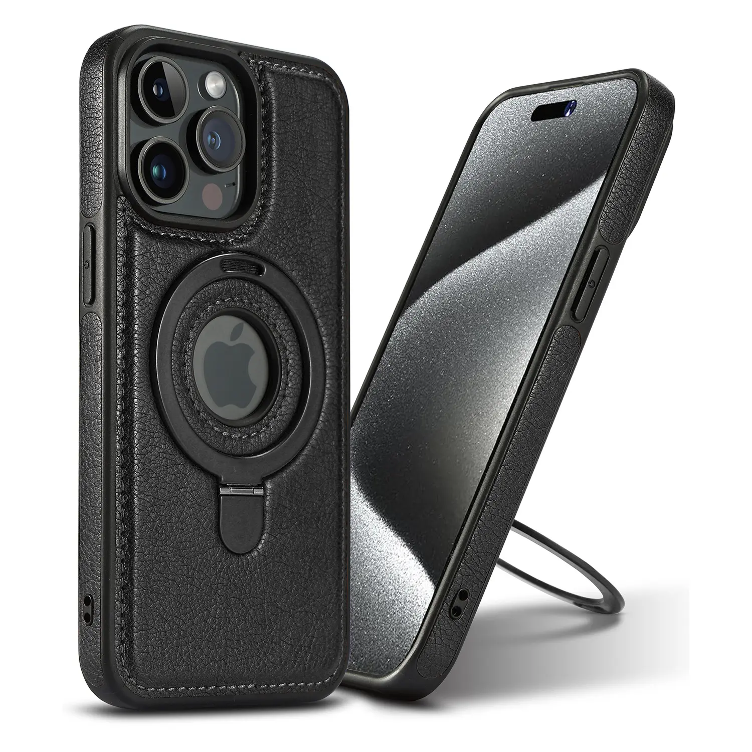 金属リングスタンド磁気ブラケット付きiPhone15 14 13 Pro Maxカバー用高級磁気PUレザーケース