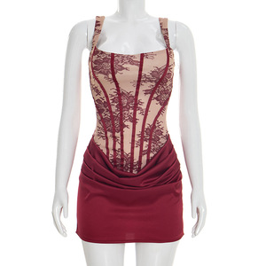 Viviblook Y26DS034 Vestido de Verano para Mujer, Nuevo Vestido de Fiesta con Cuello Cuadrado, Encaje Estampado, Plisado, Mini Vestido de Noche - Product Image 1