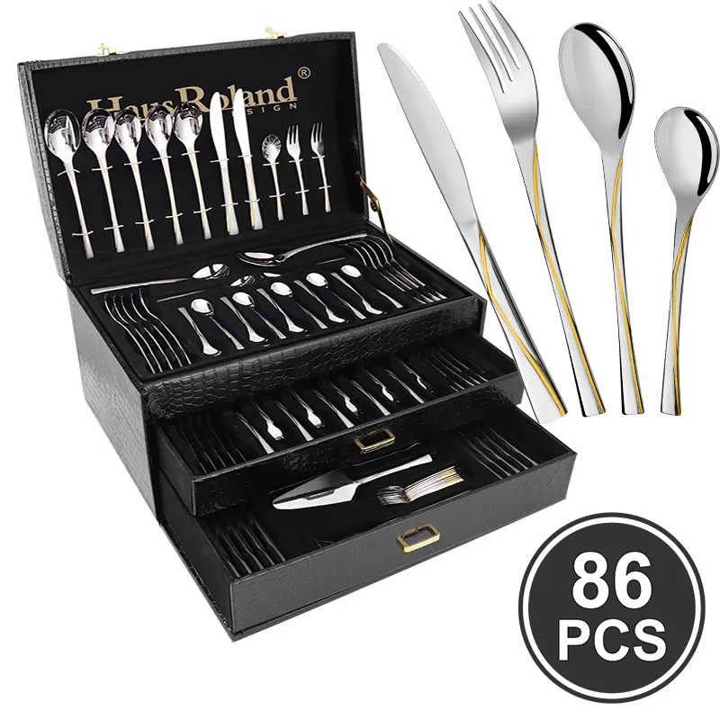 86pcs 72pcs 72 pieces high quality luxury royal stainless steel box cutlery sets dinnerware set for 12 persons spoons