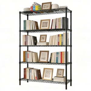 Étagère à roulettes noire à 5 niveaux en fil métallique réglable, bibliothèque en acier, organisateur de livres pour la maison et le bureau - Product Image 3