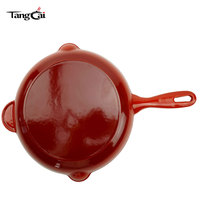 Wajan Besi Cor Enamel Oranye Tahan Panas Dengan Gagang Samping dan Corong Penampung Minyak, Anti Lengket, Tahan Abrasi, Peralatan Memasak