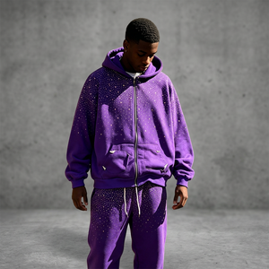 Men <b>Purple</b> Dot Print Acid Wash Polyester/Cotton Hooded Zipper Tracksuit Sweatshirt Pants Set Streetwear Loose Fit Full Sleeve - Product Image 2