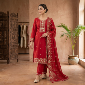 Conjunto de Salwar Kameez de Seda Roja de Lujo con Bordado Zari, Kurta Recta, Pantalón y Dupatta, 3 Piezas, para Fiestas Indias y Pakistaníes - Product Image 1