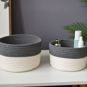 Round Woven Cotton <b>Storage</b> <b>Baskets</b> <b>White</b> Dark Gray Handmade For Cosmetics Toys Organizer Standing Type - Product Image 3