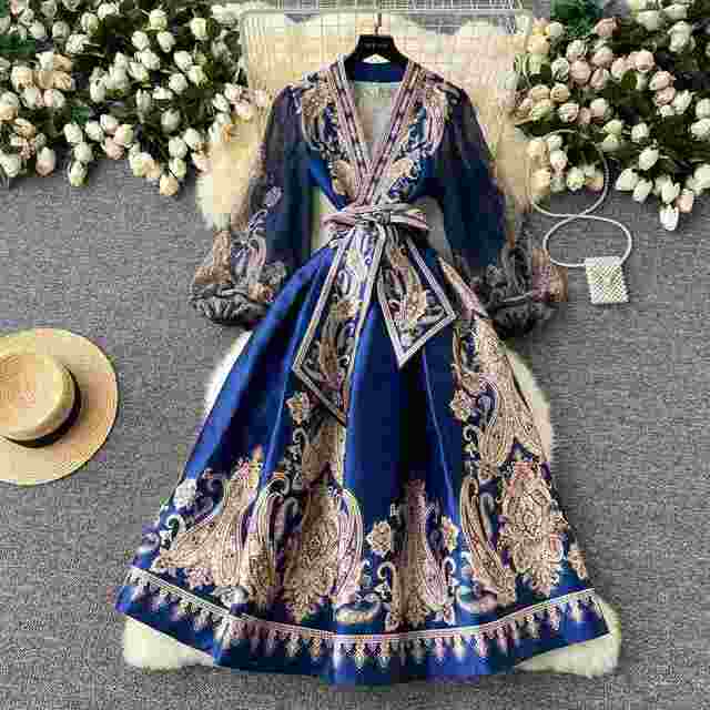 Vintage Print Dress Ethnic Style Socialite Dinner Party Maxi Flowers Dress Women Elegant Lady Gauze Belted Evening Robe