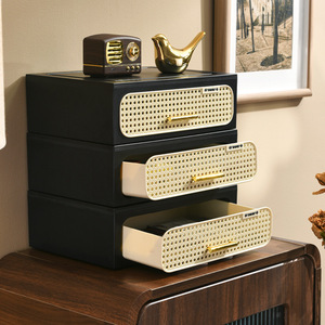 Boîte de rangement en rotin Lida, rectangulaire, empilable, style tiroir, organiseur de cosmétiques, chambre à coucher, entrée, bureau, armoire, gris - Product Image 4