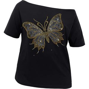 Womens Off The Shoulder <b>Top</b> Short Sleeve Asymmetric <b>Butterfly</b> Rhinestone T Shirt Black Plus Size - Product Image 4