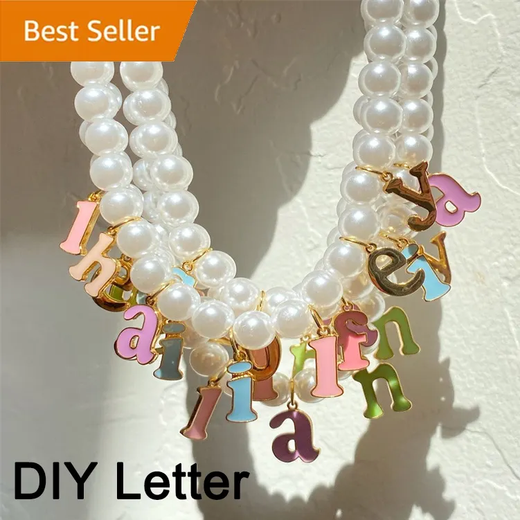 Custom DIY initial 26 letter candy color stainless steel 14K gold plated pendant drip oil enamel women choker 8mm pearl necklace