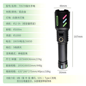 Nueva Linterna Zoom de 174 mm Recargable de Aleación de Aluminio con Luz LED, Haz de Largo Alcance y Función de Reflector - Product Image 2