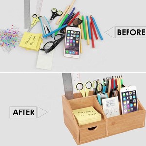 Bamboo Desk Organizer With Drawer Rectangle Multi Purpose Office Storage For Desktop <b>Home</b> Use - Product Image 1