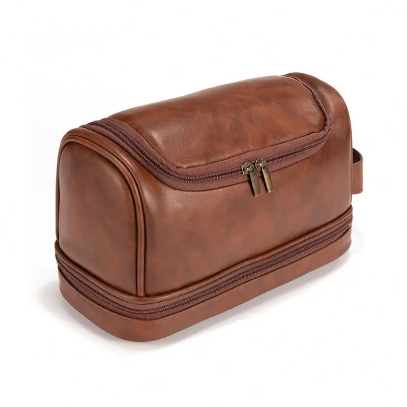 Business Vintage Pu Leather Cosmetics Bag Waterproof Belt Hook Makeup Bag Travel Wash Toiletry Bag Men