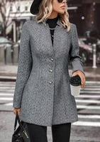 Veste en tweed gris à chevrons sans col pour femme, manteau droit mi-long à manches longues, vêtement d'extérieur pour le bureau, automne-hiver