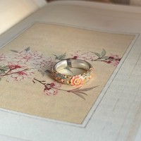 Cincin Manset Gaya Cina Baru Berlapis Emas Warna Enamel Berongga Motif Bunga Crabapple