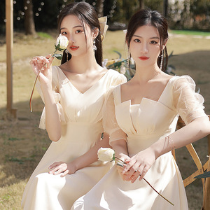 Bridesmaid Dresses Champagne Color A-Line Sweetheart Neckline Vintage Style Wedding Party Women's Dress - Product Image 3